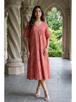 W - Rust Rayon V-Neck Floral Dress