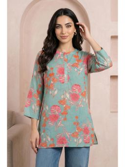 W - Sea Green Floral Printed Modal Straight Tunic