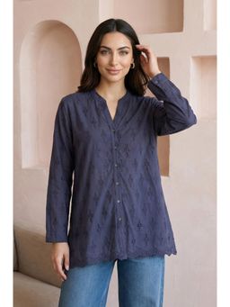 W - Navy Blue Schiffli Pure Cotton Straight Tunic