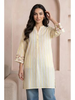 W - Off White and Yellow Striped Pure Cotton Straight Tunic
