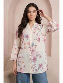 W - Off White Floral Printed Pure Cotton Straight Tunic