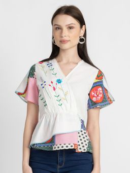 SHAYE - V-neck White Embroidered Short Sleeves Party Top For Women