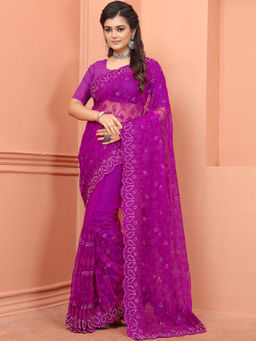 Odette - Purple Embroidered Net Saree with Unstitched Blouse (Set of 2)