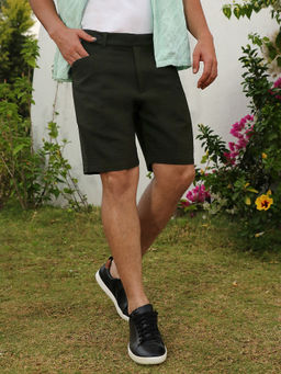 Campus Sutra - Mens Army Green Tailored Poly Linen Shorts