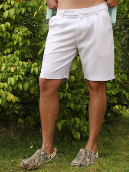 Campus Sutra - Mens Chalk White Tailored Poly Linen Shorts