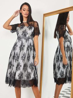 Styli - Multi-color Short Sleeves Mesh Insert A-line Midi Dress