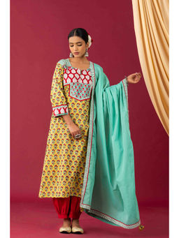 Laado - Bahaar Yellow Bagru Hand block Kurta with Salwar and Dupatta (Set of 3)