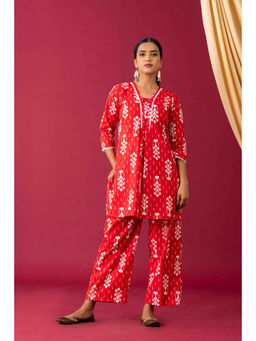 Laado - Red Ikkat Lace Neck Co-Ord (Set of 2)