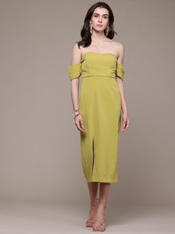 Label Ritu Kumar - Neon Green Aelda Off-Shoulder Long Dress