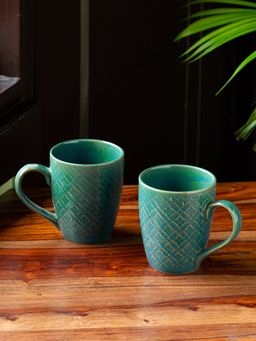 ExclusiveLane - Moroccan Turqouise' Hand Glazed & Embossed Coffee Mugs In Ceramic (Set Of 2