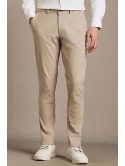 Louis Philippe - Beige Solid Flat Front Casual Trousers