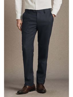 Louis Philippe - Navy Blue Textured Flat Front Formal Trousers
