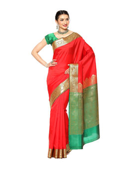 Banarasi Silk Works - Red Valkalam Katan Silk Anchal Saree with Unstitched Blouse