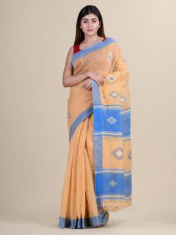 LAA CALCUTTA - Beige & Blue Cotton Silk Woven Katha Stitch Saree With Unstitched Blouse