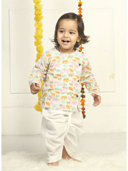Polka Tots - Boys Elephant Print Angarkha Kurta & Dhoti - Pink & Orange (Set of 2)