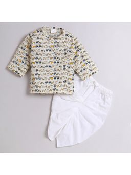 Polka Tots - Boys Cotton Camel Print Angarkha Kurta & Dhoti - Off White (Set of 2)