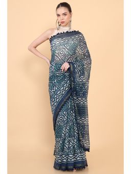 Soch - Women Blue Cotton Geometric Saree with Unstitched Blouse