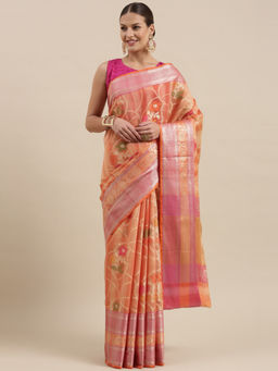 Banarasi Silk Works - Peach Matka Silk Alfi Jaal Skirt Border Saree with Unstitched Blouse