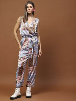 Sera - Satin Tie Up Blue Jumpsuit with Belt