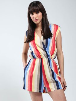 Sera - Linen Women Multi-Color Rainbow Printed Playsuit