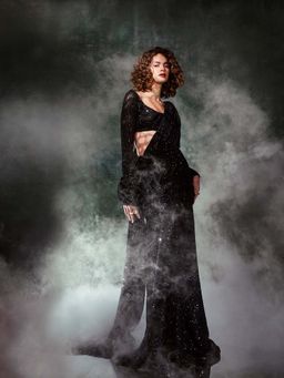 Deme - Caviar Black Pre-Pleated Sequins Saree with Stitched Blouse