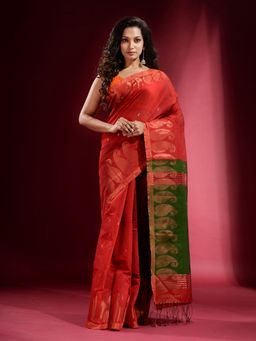 CHARUKRITI - Brick Red with Zari Paisley Motif Saree with Unstitched Blouse