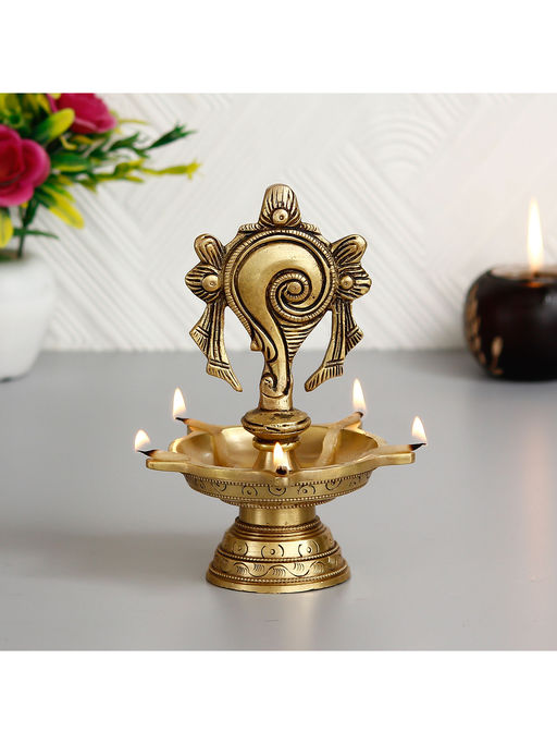 eCraftIndia Shankha Handcrafted Brass Diya With 5 Wicks