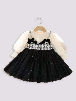 Hopscotch - Girls Black Bow Applique Full-Sleeve Dress