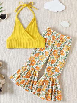 Hopscotch - Girls Yellow Floral Print Top and Pants Set (Set of 2)