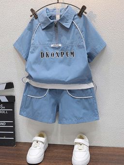 Hopscotch - Boys Blue Text Print T-Shirt and Shorts (Set of 2)