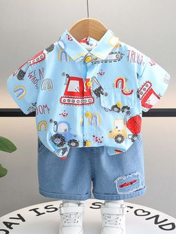 Hopscotch - Boys Blue Vehicle Print Shirt and Shorts (Set of 2)