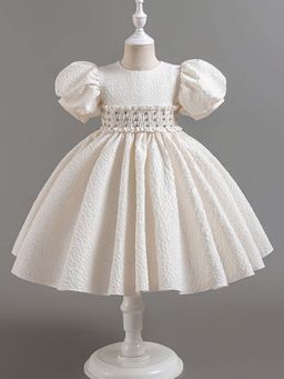 Hopscotch - Girls White Textured Print Party Dress with Smocked Embellishment