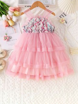 Hopscotch - Girls Pink Ruffle Self Design Sleeveless Party Dress