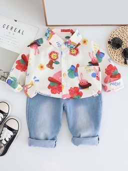 Hopscotch - Boys White and Blue Print Shirt Jeans (Set of 2)