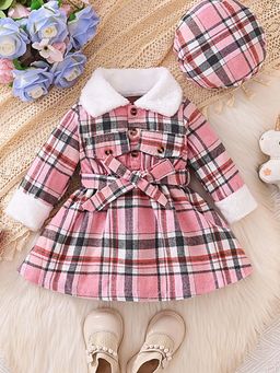 Hopscotch - Girls Pink Plaid Print Shirt Style Dress with Belt and Beret (Set of 3)