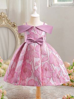 Hopscotch - Girls Pink Floral Bow Applique Party Dress