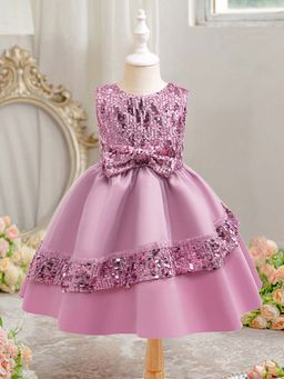 Hopscotch - Girls Lavender Sequin Embellished Bow Applique Fit and Flare Party Dress