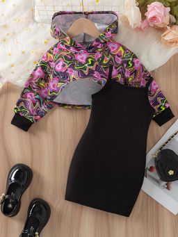 Hopscotch - Girls Black Abstract Print Strappy Dress with Sweatshirt (Set of 2)