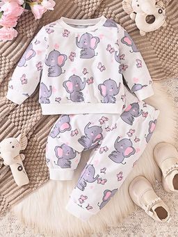 Hopscotch - Girls White Elephant Print Sweatshirt and Jogger (Set of 2)