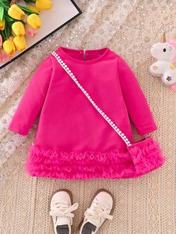 Hopscotch - Girls Fuchsia Ruffle Full-Sleeve Dress with Sling Bag