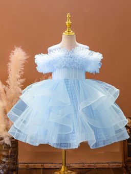 Hopscotch - Girls Blue Embroidered Party Dress with Ruffles