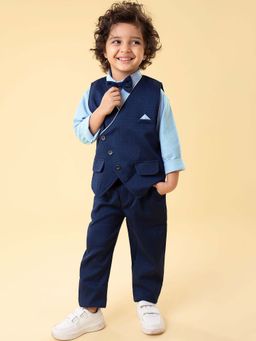 Hopscotch - Boys Blue Solid Shirt, Waistcoat and Pant Formal with Bow (Pack of 4)