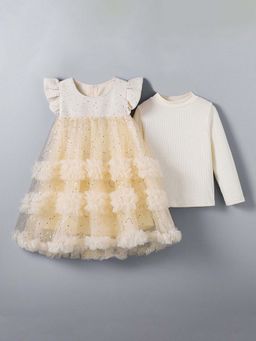 Hopscotch - Girls Beige Sequin Embellished Party Dress with T-Shirt (Set of 2)