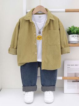 Hopscotch - Boys Khaki and Blue Textured Drop-Shoulder Sleeve Shirt Jeans (Set of 2)