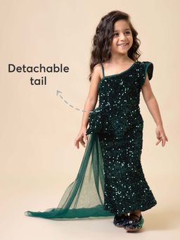 Hopscotch - Sequin Embellished Green Gown with Bow and Sheer Tulle (Set of 3)