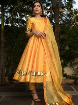 POMCHA - Taffeta Silk Yellow Anarkali (Set of 3)