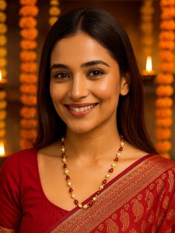 Digital Dress Room - Gold Plated Short Necklace Red and Pearl Beads Simple Mala/Chain