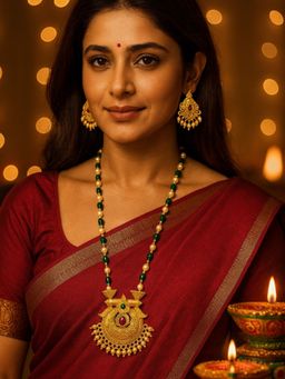 Digital Dress Room - Gold Plated Long Flower Design and Pearl Mala Jewellery Set