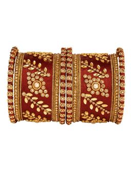 I Jewels - Gold Plated Traditional Maroon Silk Thread with Kundan Work Bangle Set