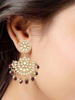 I Jewels - Gold Plated Matt Finish Chandbali Kundan and Pearl Maroon Earrings